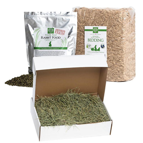 Image of Small Pet Select Premium Small Animal Starter Care Bundle- 10 lb. box of Premium Variety Hay + 5 lb. bag Premium Food Pellets + 56 L Bedding