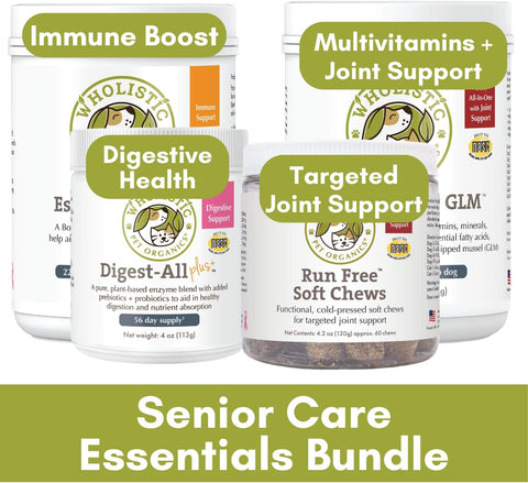 Image of Wholistic Pet Organics: Senior Dog And Cat Care Bundle, Dog Mobility Support 60 count, Vitamin C Dog Supplement 1 Lb, Dog Probiotics and Digestive Enzymes 4 Oz, Daily Joint Health Supplements for Dogs 1 Lb