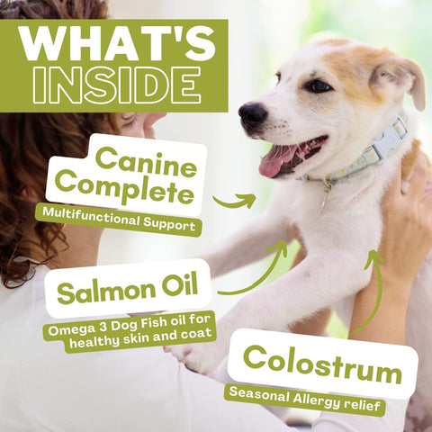 Image of Wholistic Pet Organics: Puppy Care Bundle, Canine Complete Multivitamin Supplement for Dogs Organic 1 lb, Immune Balance Bovine Colostrum Powder Supplement For Stress Relief- 2 Oz , Deep Sea Wild Alaskan Salmon Oil 16 Oz