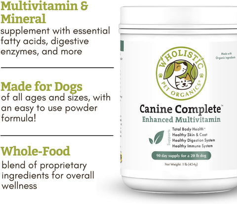 Image of Wholistic Pet Organics: Puppy Care Bundle, Canine Complete Multivitamin Supplement for Dogs Organic 1 lb, Immune Balance Bovine Colostrum Powder Supplement For Stress Relief- 2 Oz , Deep Sea Wild Alaskan Salmon Oil 16 Oz
