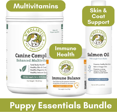 Image of Wholistic Pet Organics: Puppy Care Bundle, Canine Complete Multivitamin Supplement for Dogs Organic 1 lb, Immune Balance Bovine Colostrum Powder Supplement For Stress Relief- 2 Oz , Deep Sea Wild Alaskan Salmon Oil 16 Oz