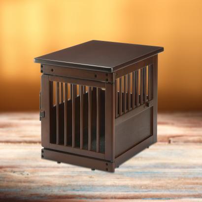 Image of Richellusa Dark Brown Wooden End Table Pet Crate For Cats & Dogs Up To 88 Lbs