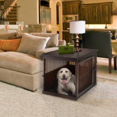Image of Richellusa Dark Brown Wooden End Table Pet Crate For Cats & Dogs Up To 88 Lbs