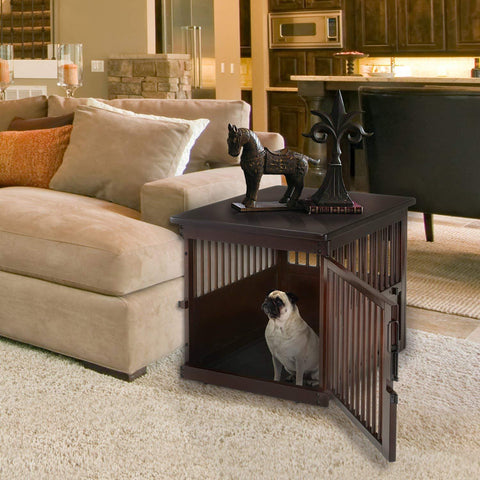 Image of Medium Wooden End Table Dog Crate, Dark Brown, Richell Dog Crate Kennel 94916