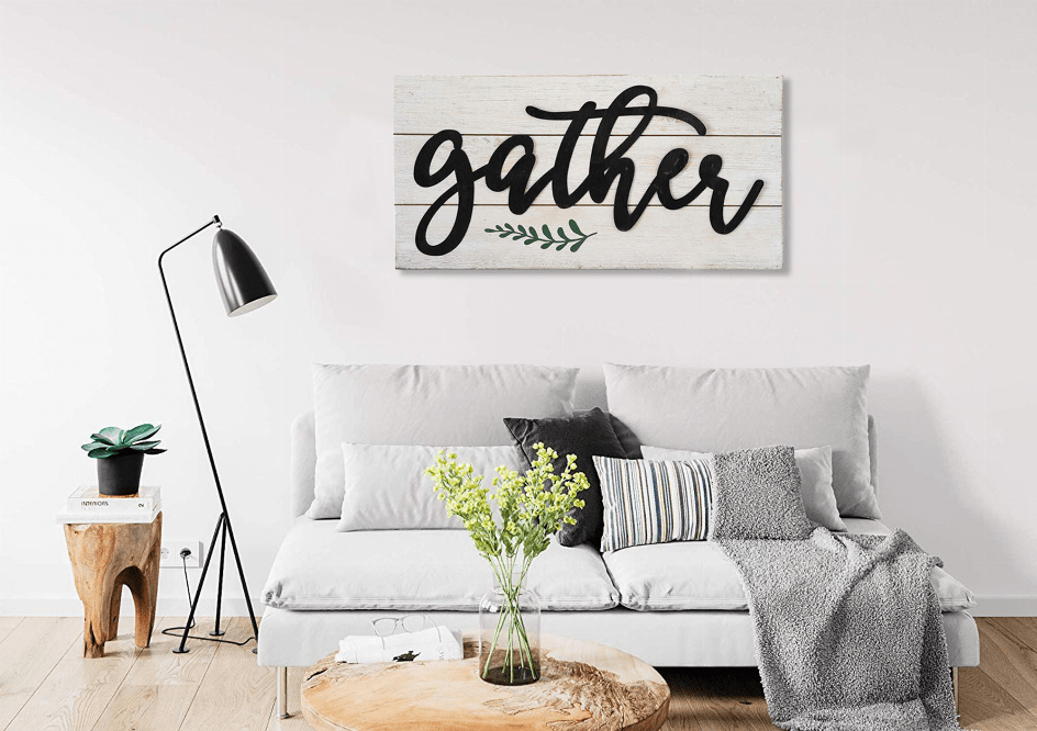 Gather Rustic Metal 3D Quote on White Wood Wall Decor Sign Plaque 23.6 x 11.8 x 1.8 Inches (Gather)