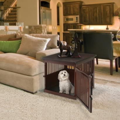 Image of Richellusa Dark Brown Wooden End Table Pet Crate For Cats & Dogs Up To 88 Lbs