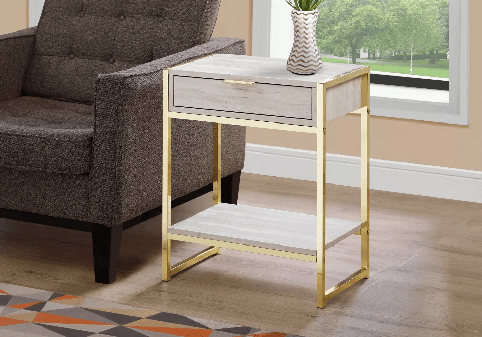 24" Beige Marble Finish and Gold Metal Accent Table