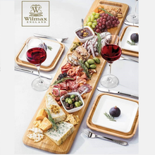 Large feast Charcuterie plating set including long bamboo serving tray and square bamboo platters with fine porcelain plates to match 