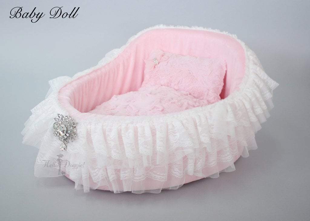 Elegant Lace & Satin Dog Bed Crib With Crystal Brooch