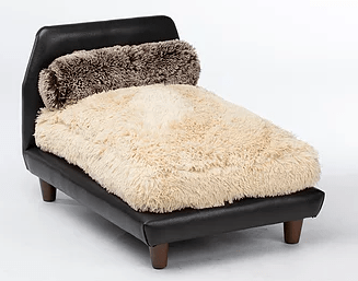 Club Nine Pets Mid-Century Bed Brown Faux Leather with Shaggy Camel Cushion