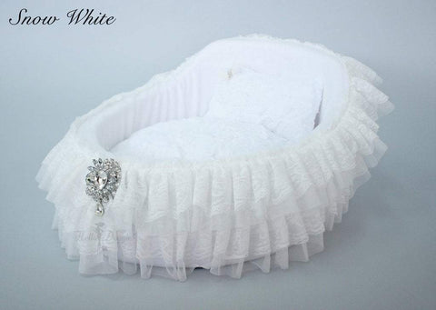Image of Elegant Lace & Satin Dog Bed Crib With Crystal Brooch