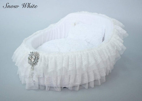 Image of Elegant Lace & Satin Dog Bed Crib With Crystal Brooch
