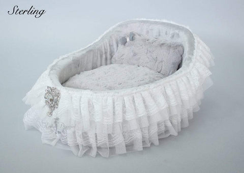 Image of Elegant Lace & Satin Dog Bed Crib With Crystal Brooch