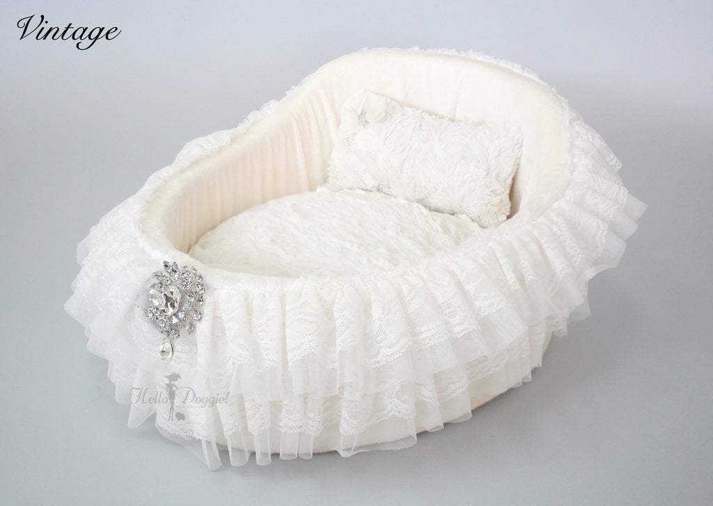 Elegant Lace & Satin Dog Bed Crib With Crystal Brooch