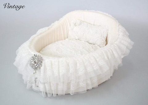 Image of Elegant Lace & Satin Dog Bed Crib With Crystal Brooch