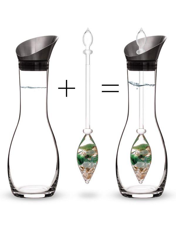 Stainless Steel & Glass "Forever Young" GemWater Pitcher Decanter Set - Comes With Ayurvedic Purifying Gemstones Vial And Stainless Steel Lid