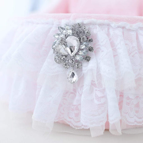 Image of Elegant Lace & Satin Dog Bed Crib With Crystal Brooch