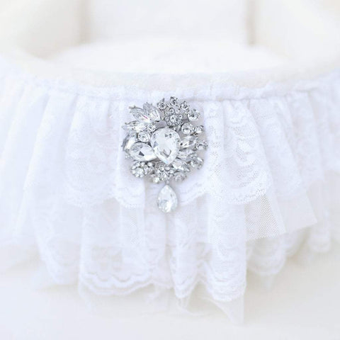 Image of Elegant Lace & Satin Dog Bed Crib With Crystal Brooch